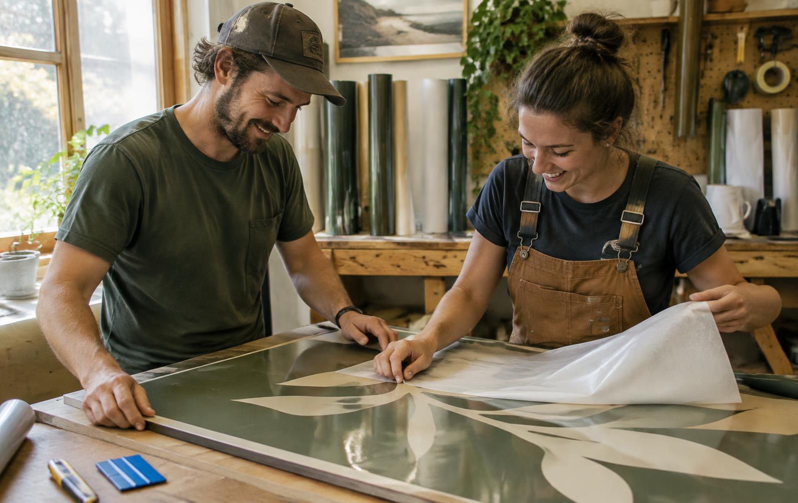 The team applying vinyl in the workshop